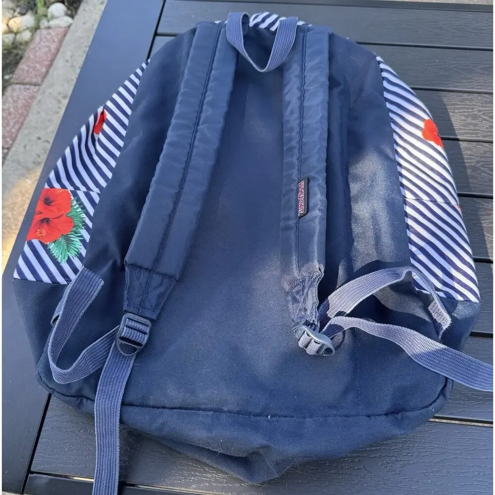 Jansport Backpack Tropical Flowers Bag Black White Stripes Navy Blue School Bag